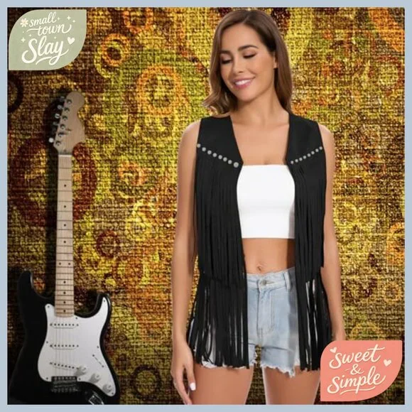 Large Faux Suede Fringe Vest 60s 70s Hippie Western Tassel Sleeveless - Picture 4 of 6